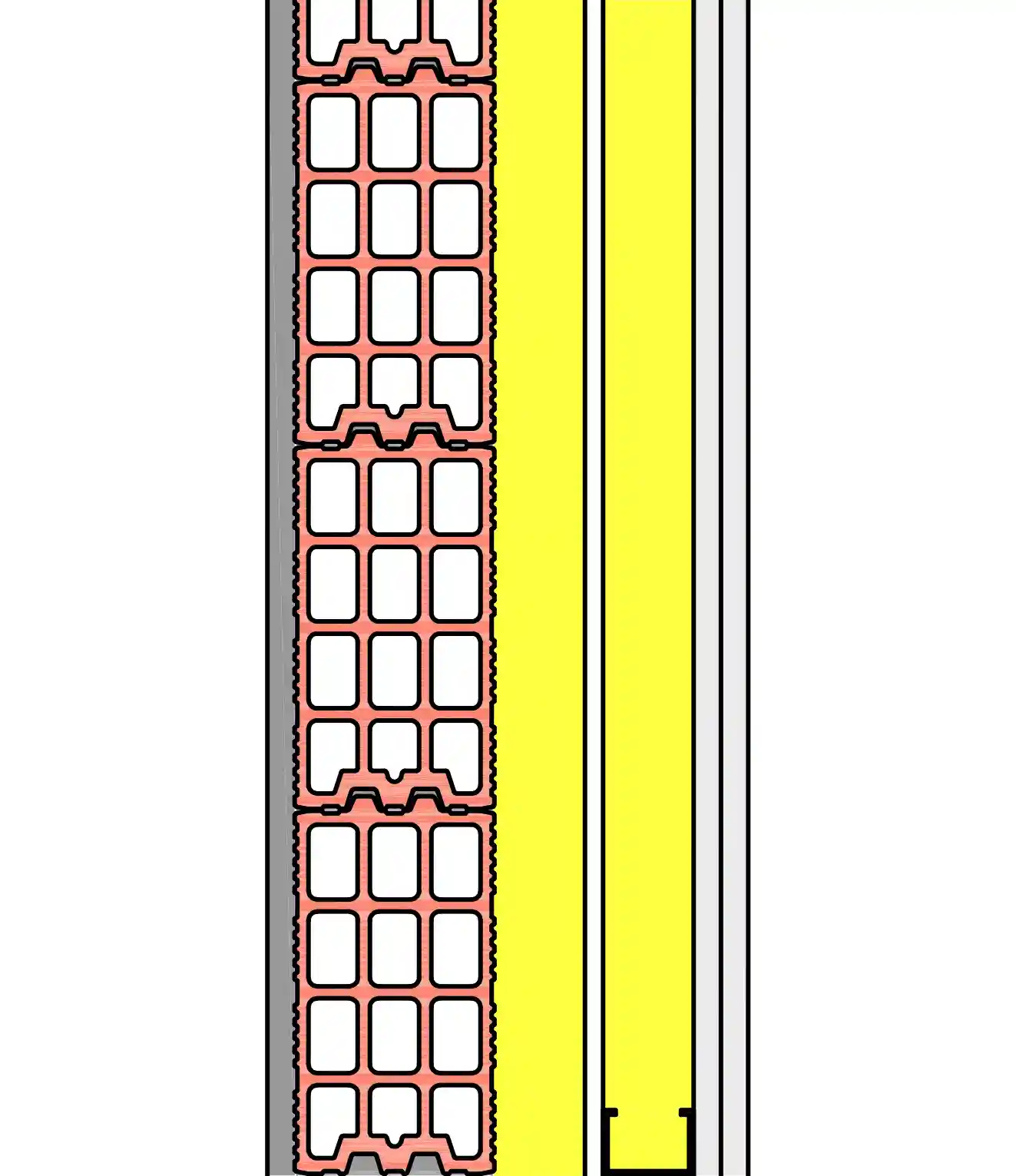 Imágen de sección de fachada con ailamiento intermedio y trasdosado autoportante para Ladrillo Drybrick 49x20x11